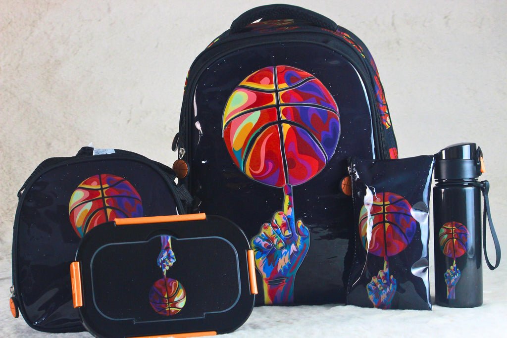 5-in-1 Basketball Kids School Backpack Set – Bag, Lunch Bag, Lunch Box, Bottle & Pouch