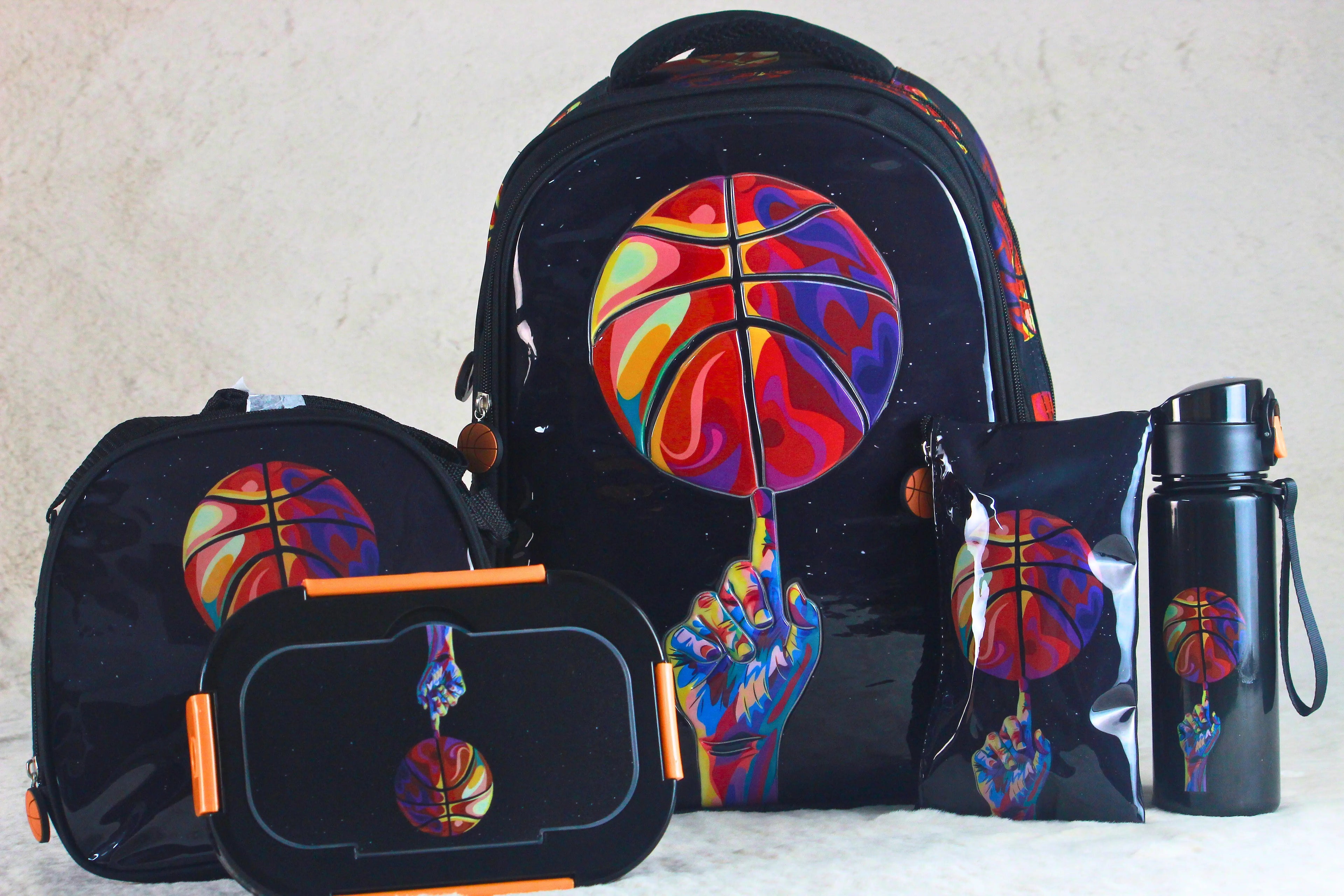 5-in-1 Basketball Kids School Backpack Set – Bag, Lunch Bag, Lunch Box, Bottle & Pouch