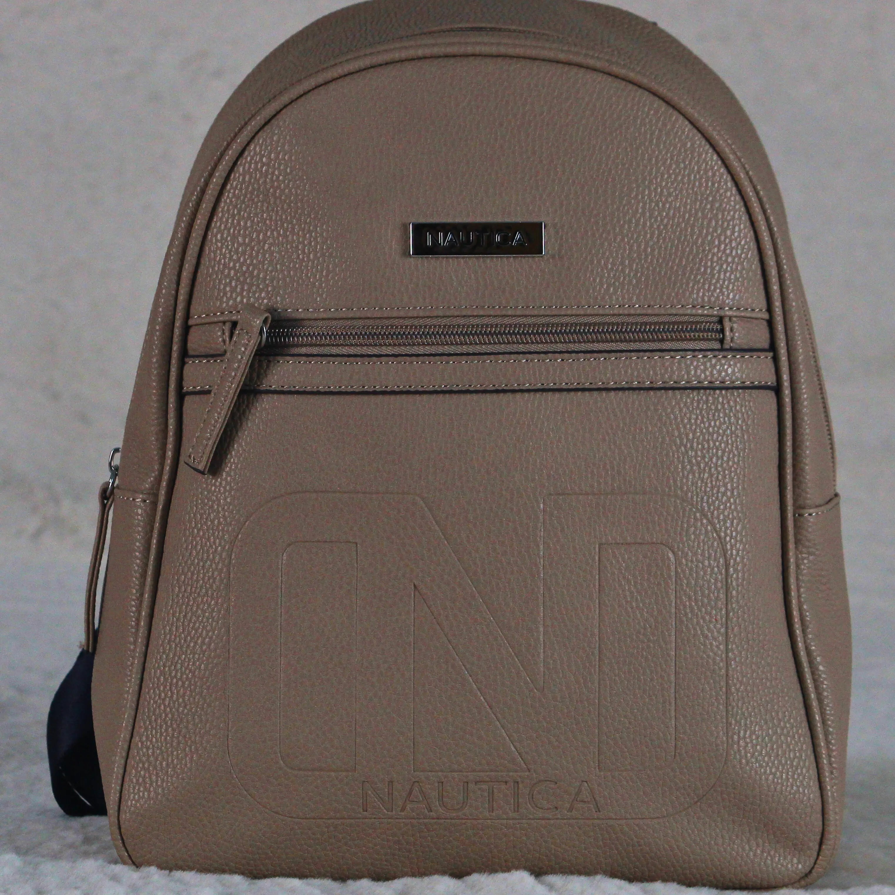 Nautica Women’s Embossed Logo Backpack – Beige Textured Faux Leather