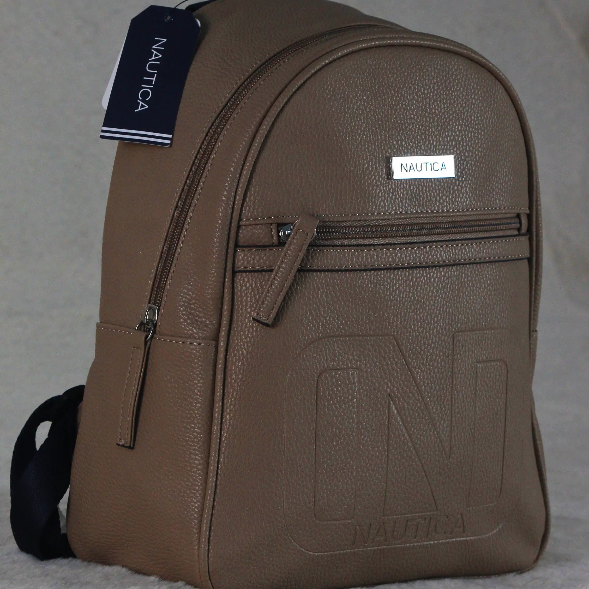 Nautica Women’s Embossed Logo Backpack – Beige Textured Faux Leather