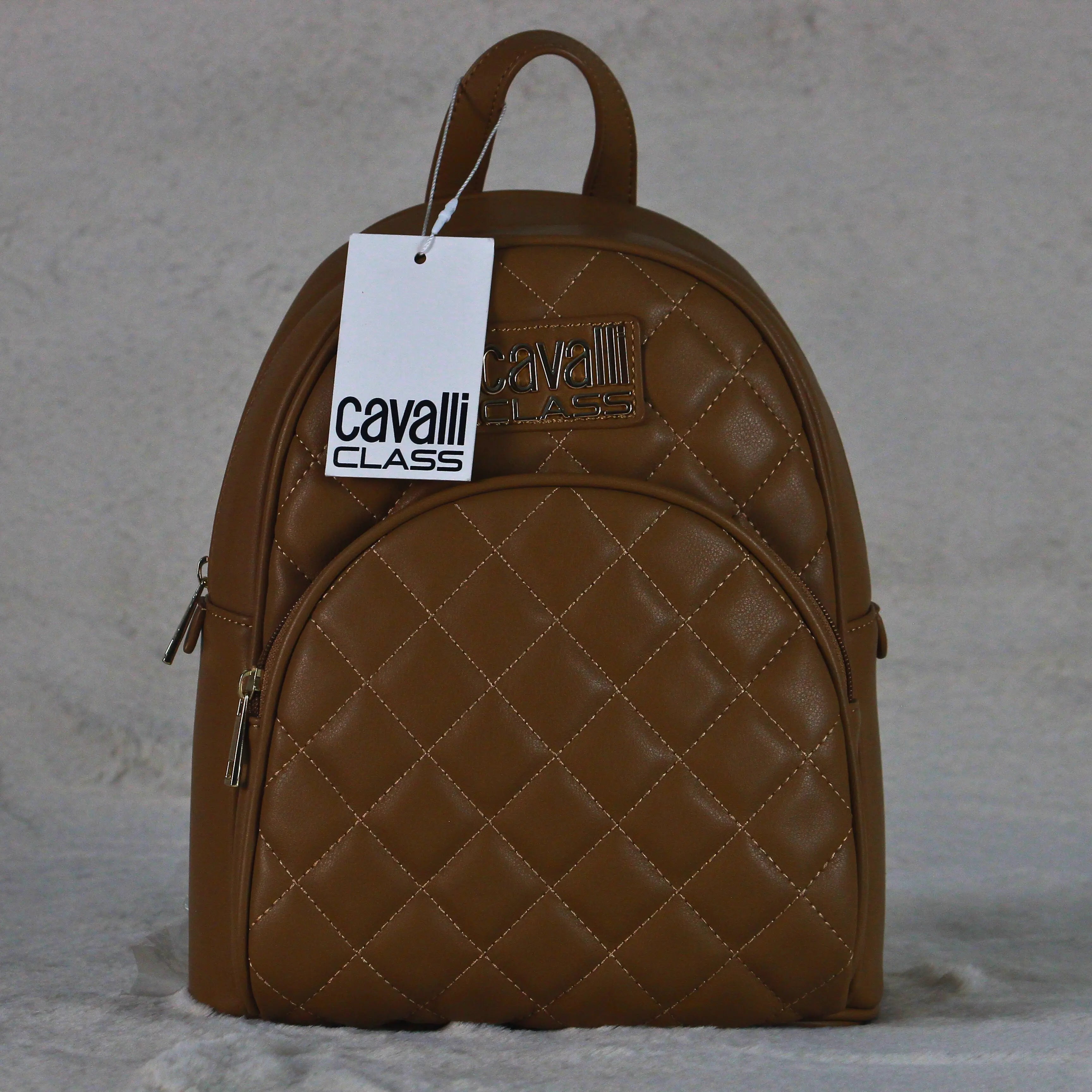 Cavalli Class Women’s Quilted Mini Backpack – Camel Brown Designer Faux Leather