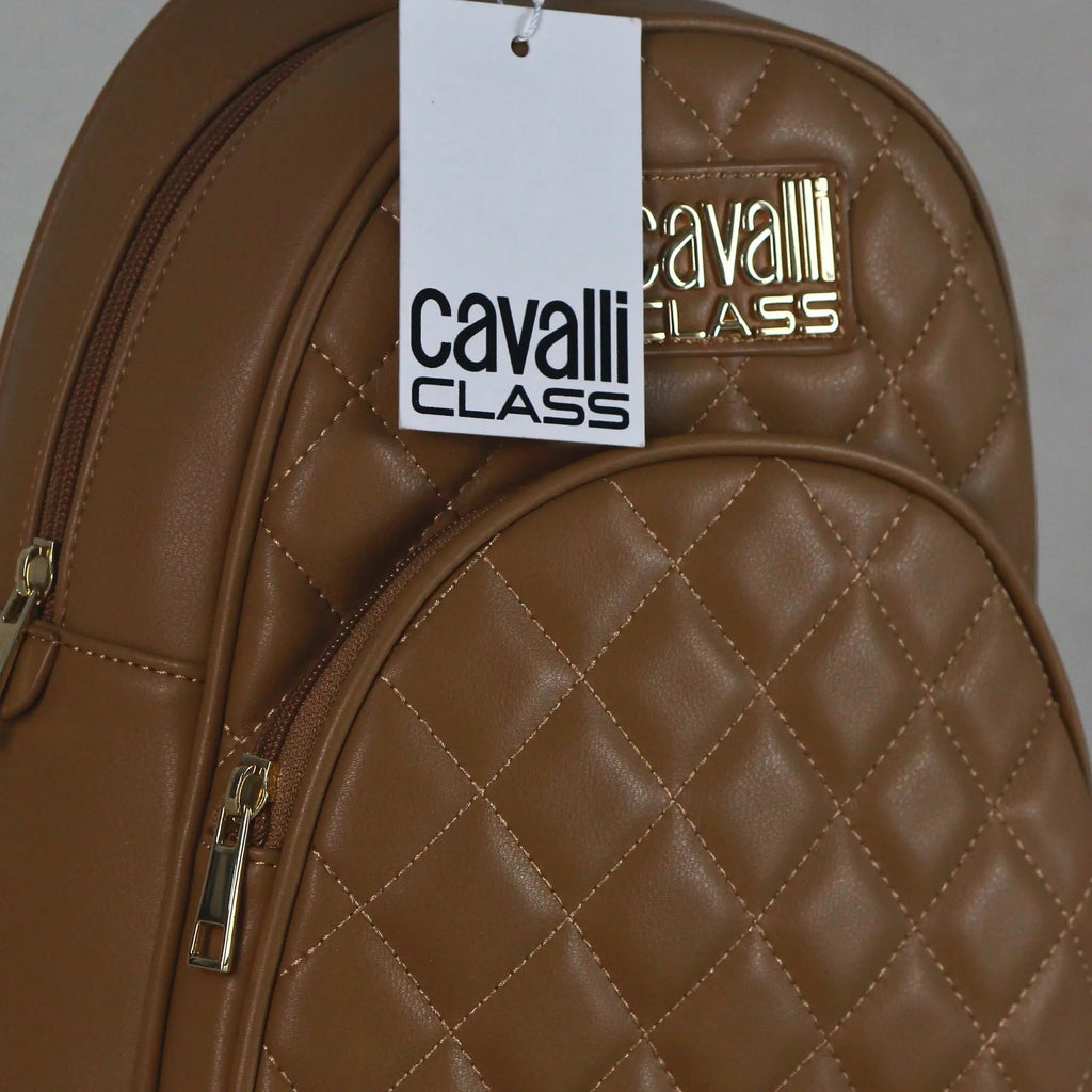 Cavalli Class Women’s Quilted Mini Backpack – Camel Brown Designer Faux Leather