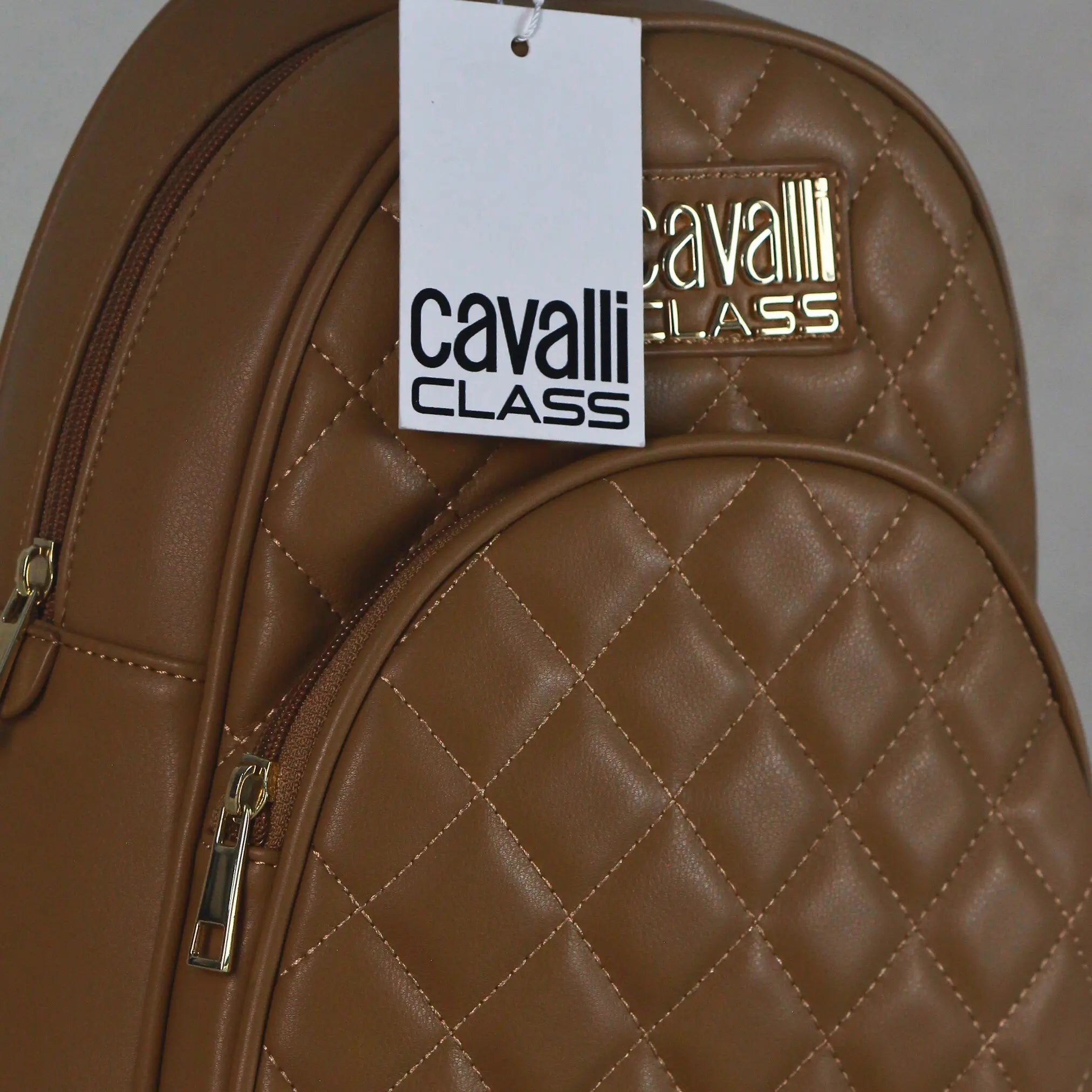 Cavalli Class Women’s Quilted Mini Backpack – Camel Brown Designer Faux Leather