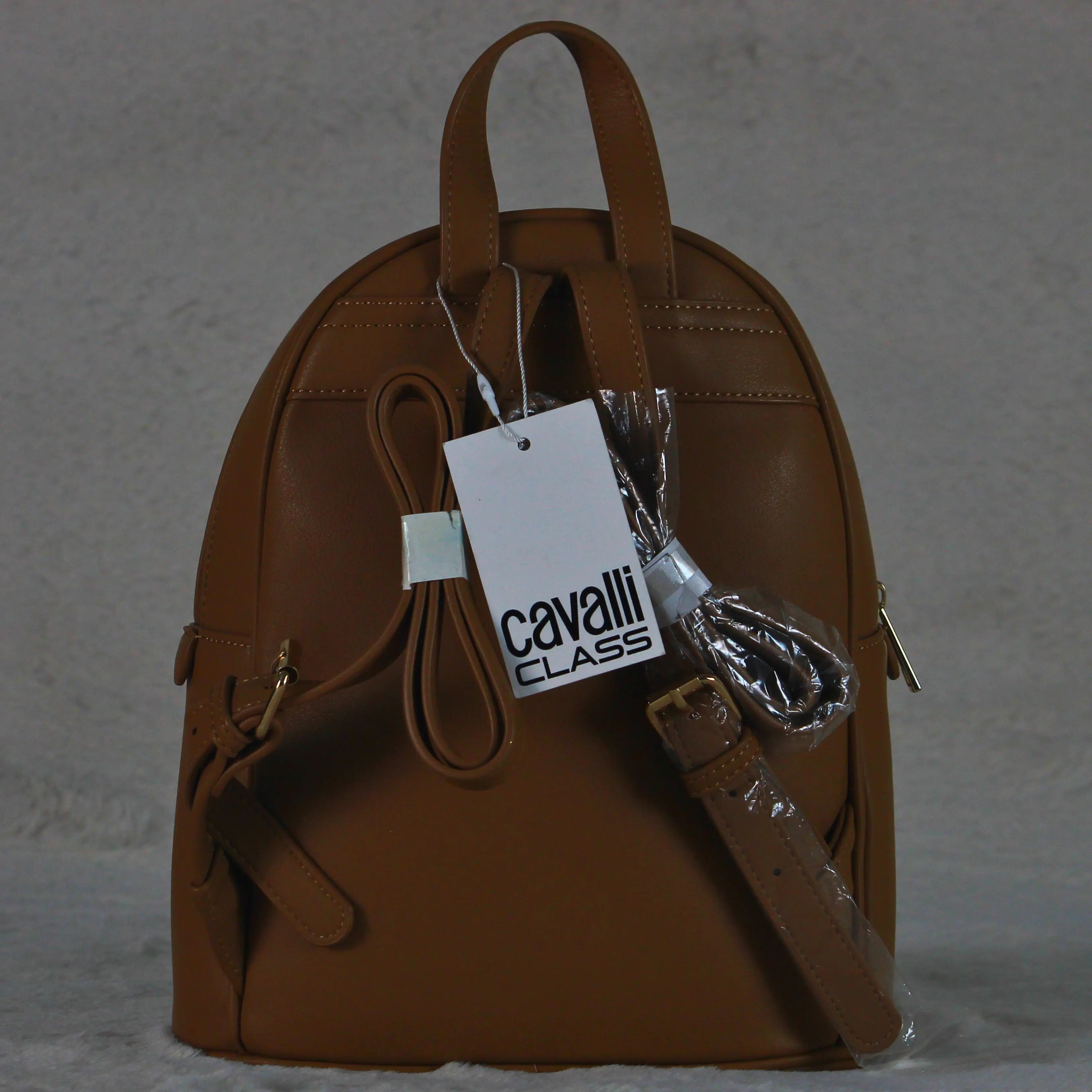 Cavalli Class Women’s Quilted Mini Backpack – Camel Brown Designer Faux Leather