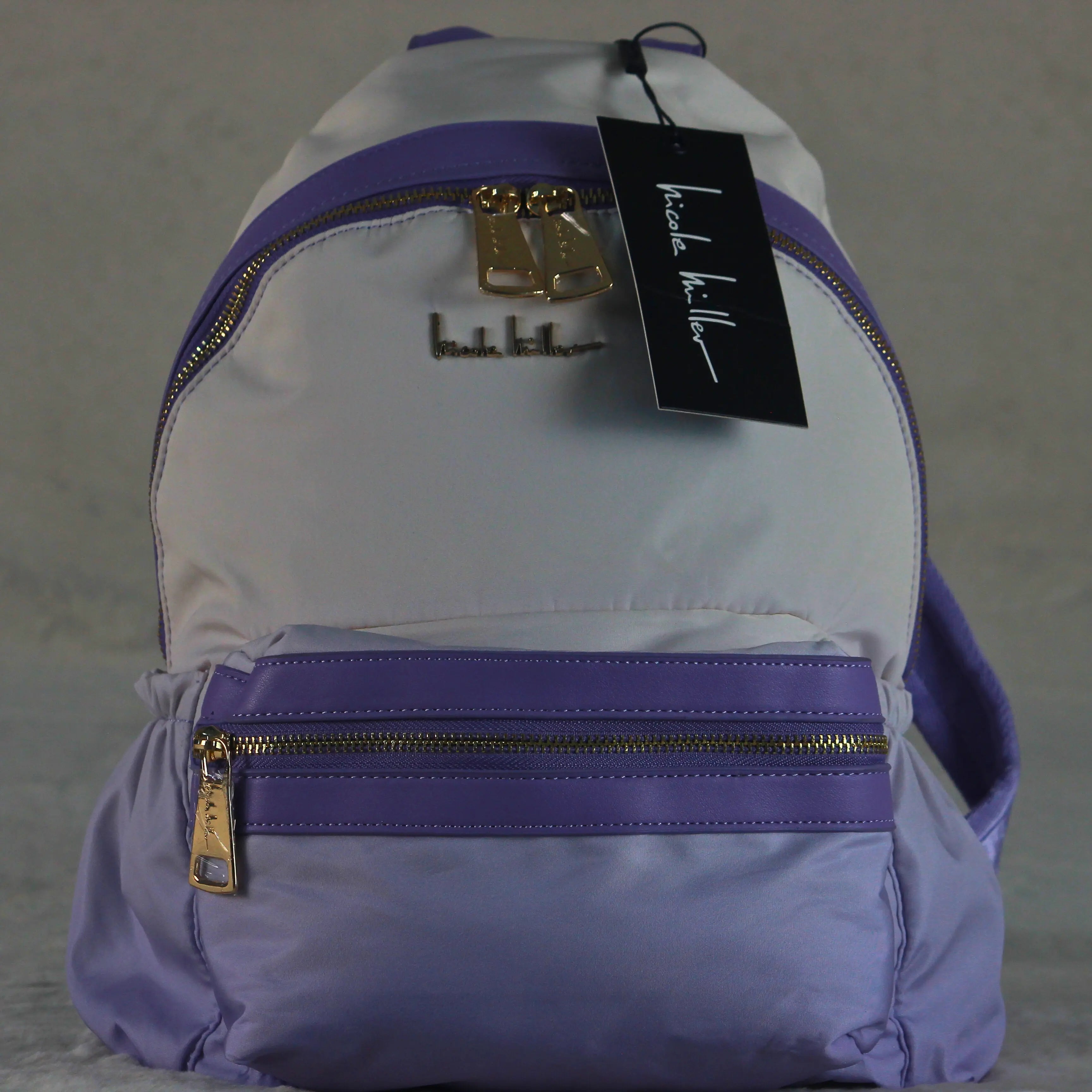 Nicole Miller Women’s Two-Tone Backpack – Lilac Purple & White Lightweight Nylon