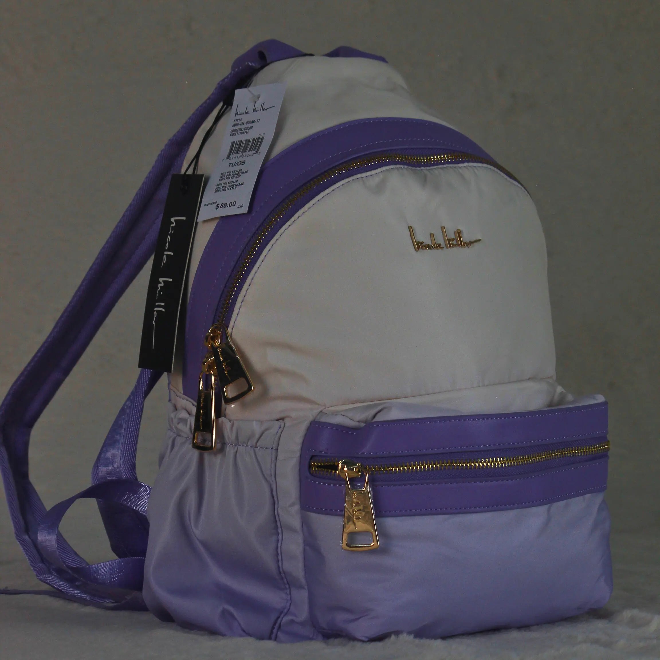 Nicole Miller Women’s Two-Tone Backpack – Lilac Purple & White Lightweight Nylon