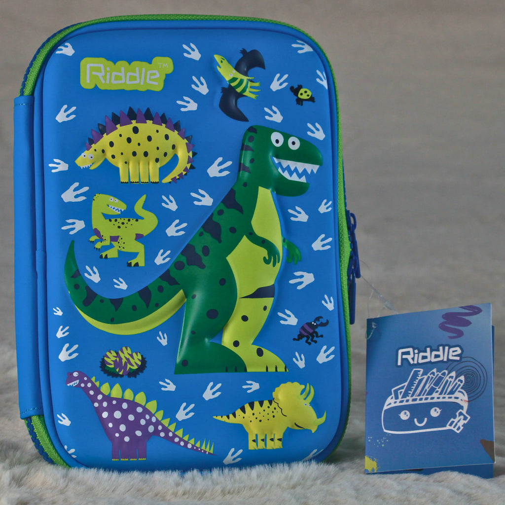 Riddle Dinosaur 3D Embossed Hard Pencil Case – Large Size – Blue Colour – Premium Kids Stationery Organizer