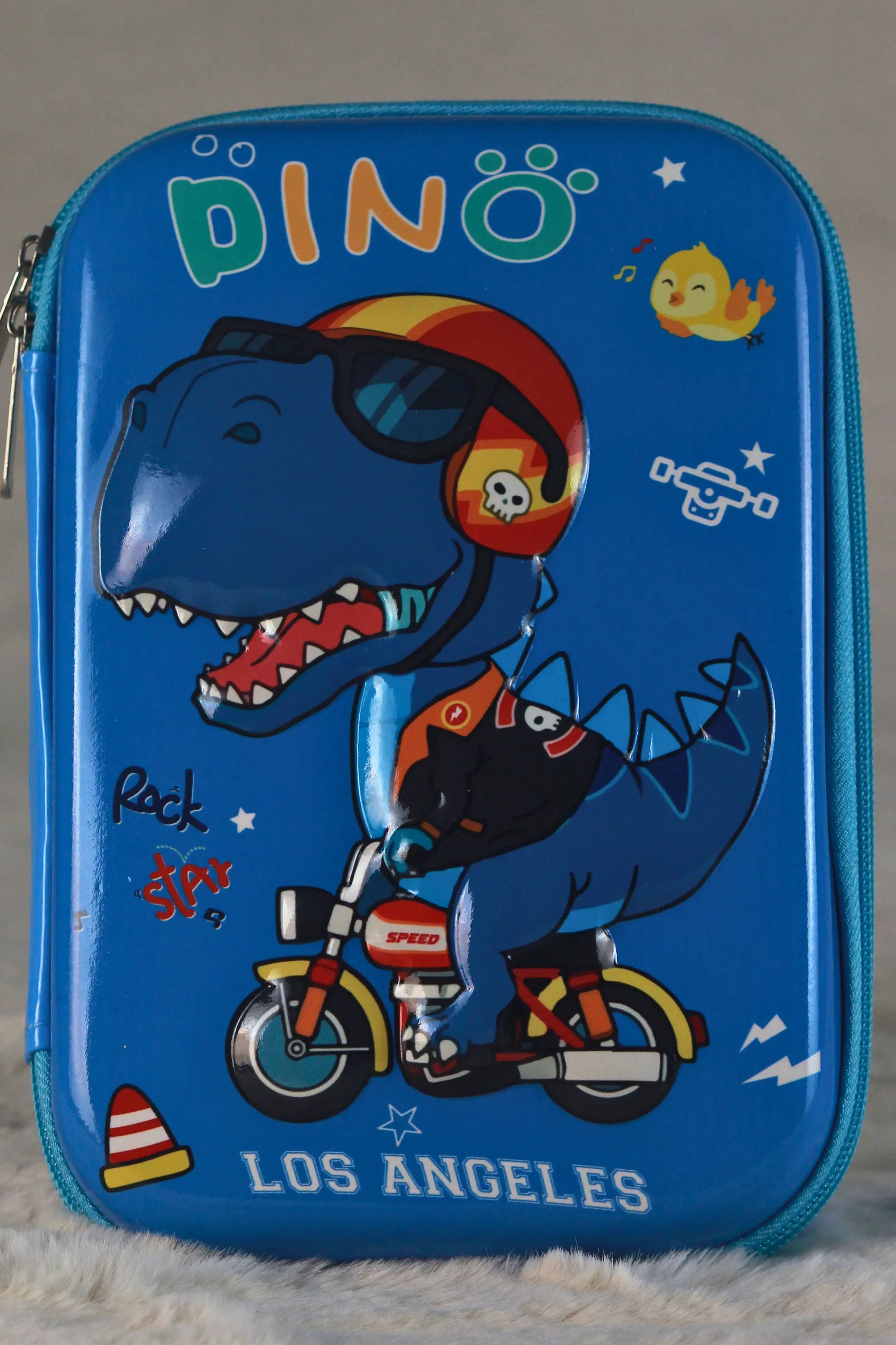 Dino Rock Star Hard Pencil Case Size Large – 3D EVA Kids Stationery Box, Blue