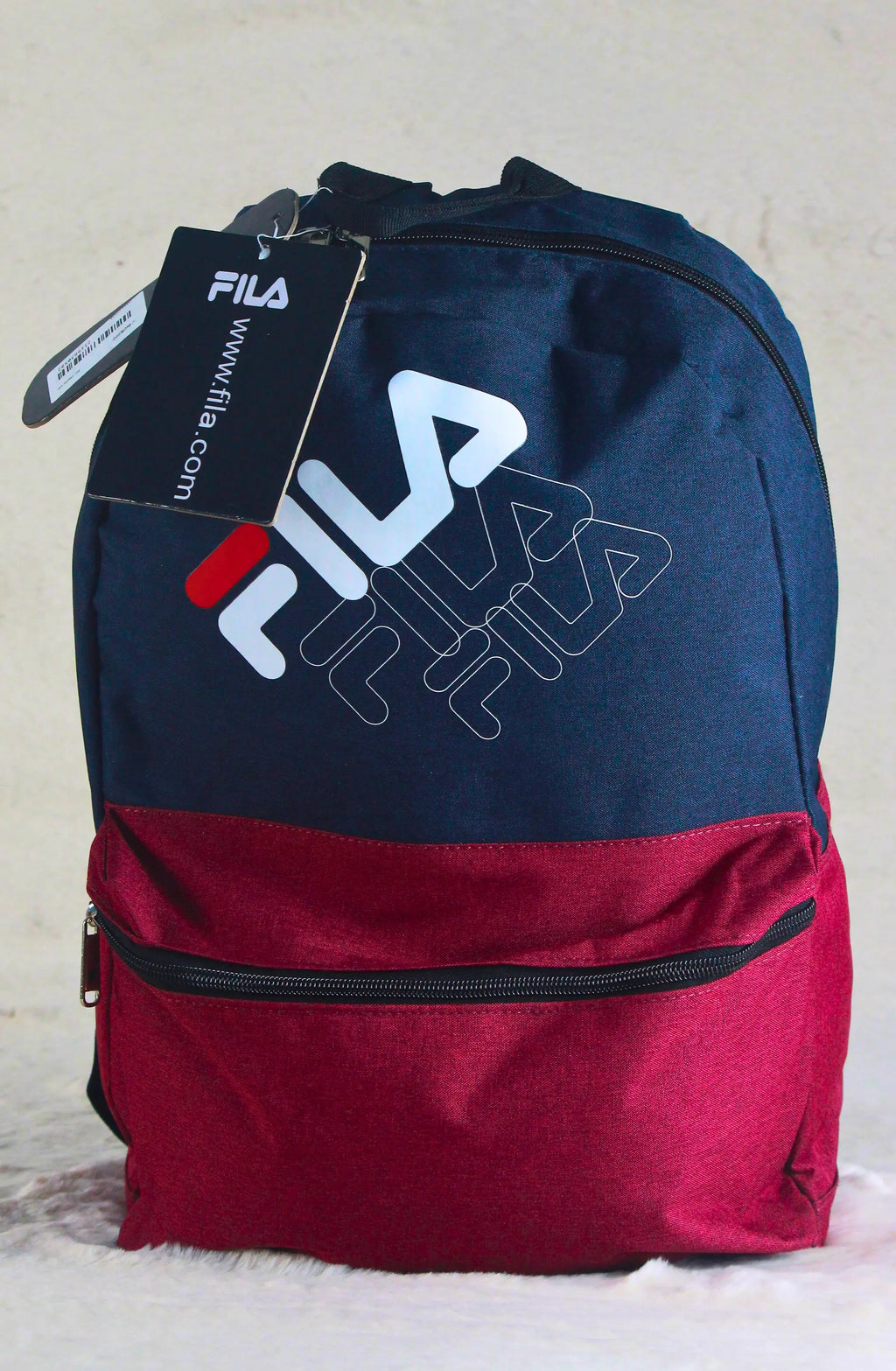 Fila Classic Navy & Maroon Logo Backpack – Durable Polyester School, Gym & Travel Bag