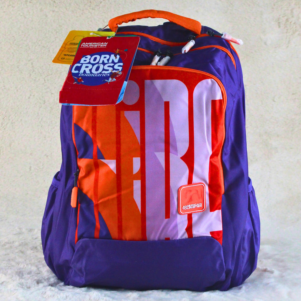 American Tourister Bold Purple & Orange Graphic Backpack – Spacious, Stylish & Travel Friendly – Imported