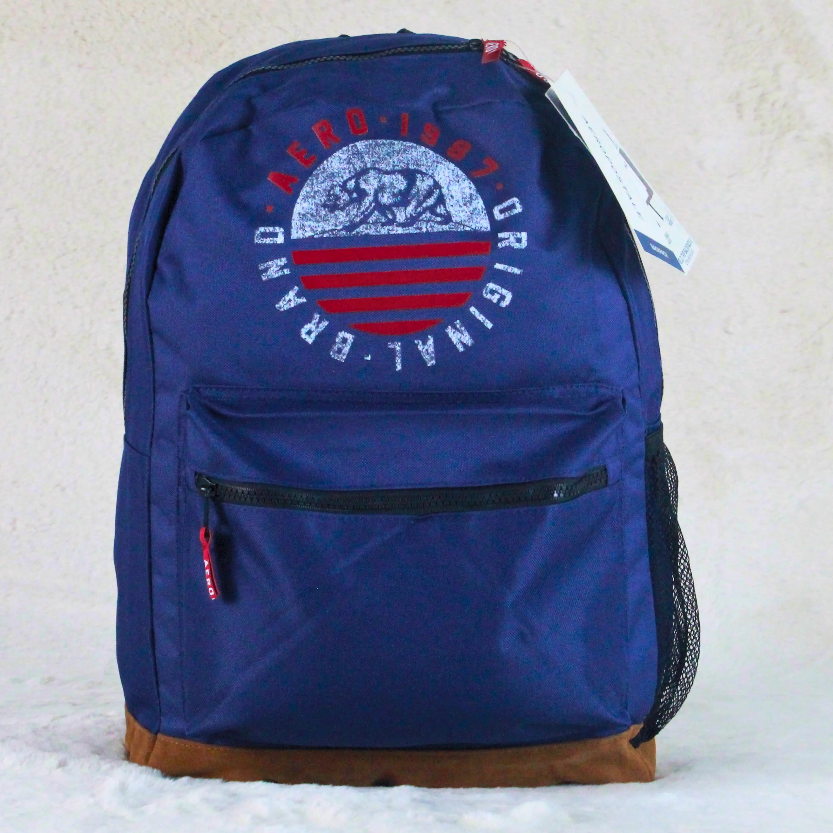 Aeropostale Deep Navy Heritage Graphic Backpack – 1987 Bear Crest / Suede Brown Base – Imported