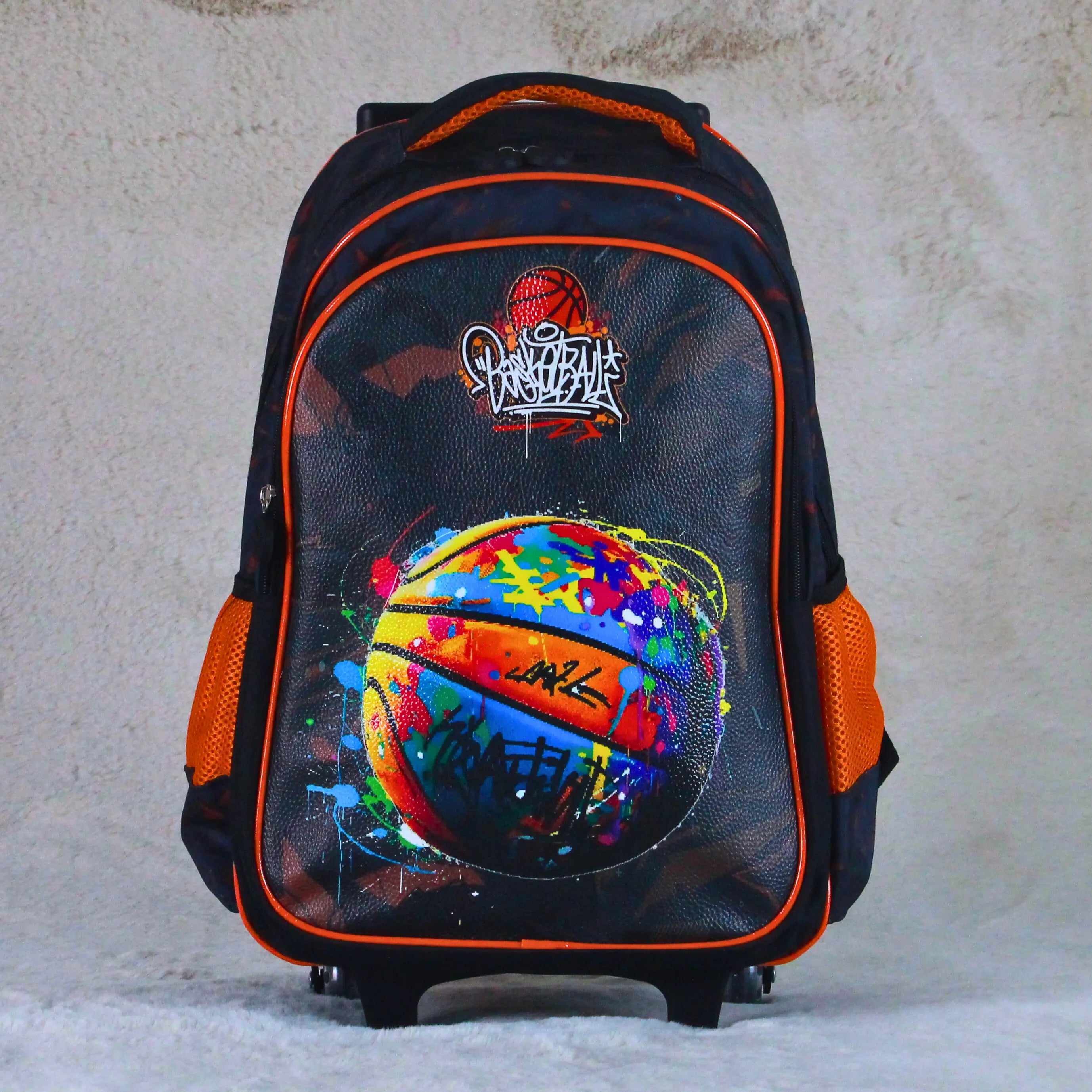 4 in 1 Basketball Graffiti 16 inch Trolley School Bag Set 4 Pcs – Black & Orange – Premium Kids Travel + School Wheel Backpack