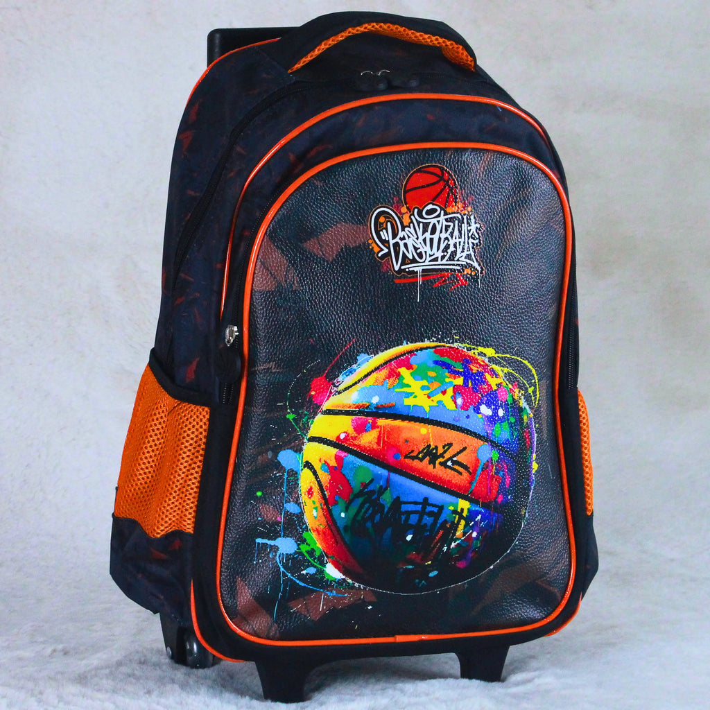4 in 1 Basketball Graffiti 16 inch Trolley School Bag Set 4 Pcs – Black & Orange – Premium Kids Travel + School Wheel Backpack