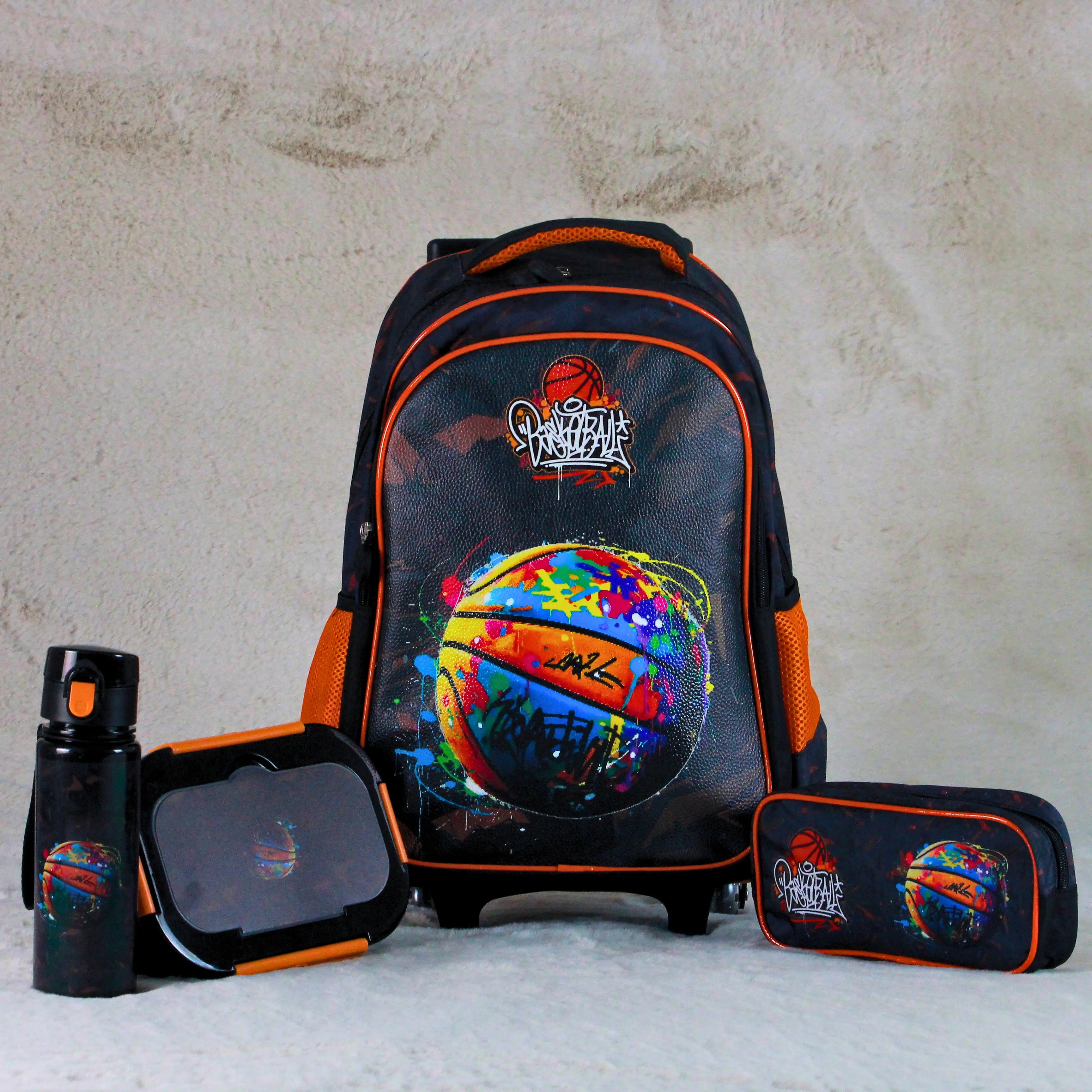 4 in 1 Basketball Graffiti 16 inch Trolley School Bag Set 4 Pcs – Black & Orange – Premium Kids Travel + School Wheel Backpack