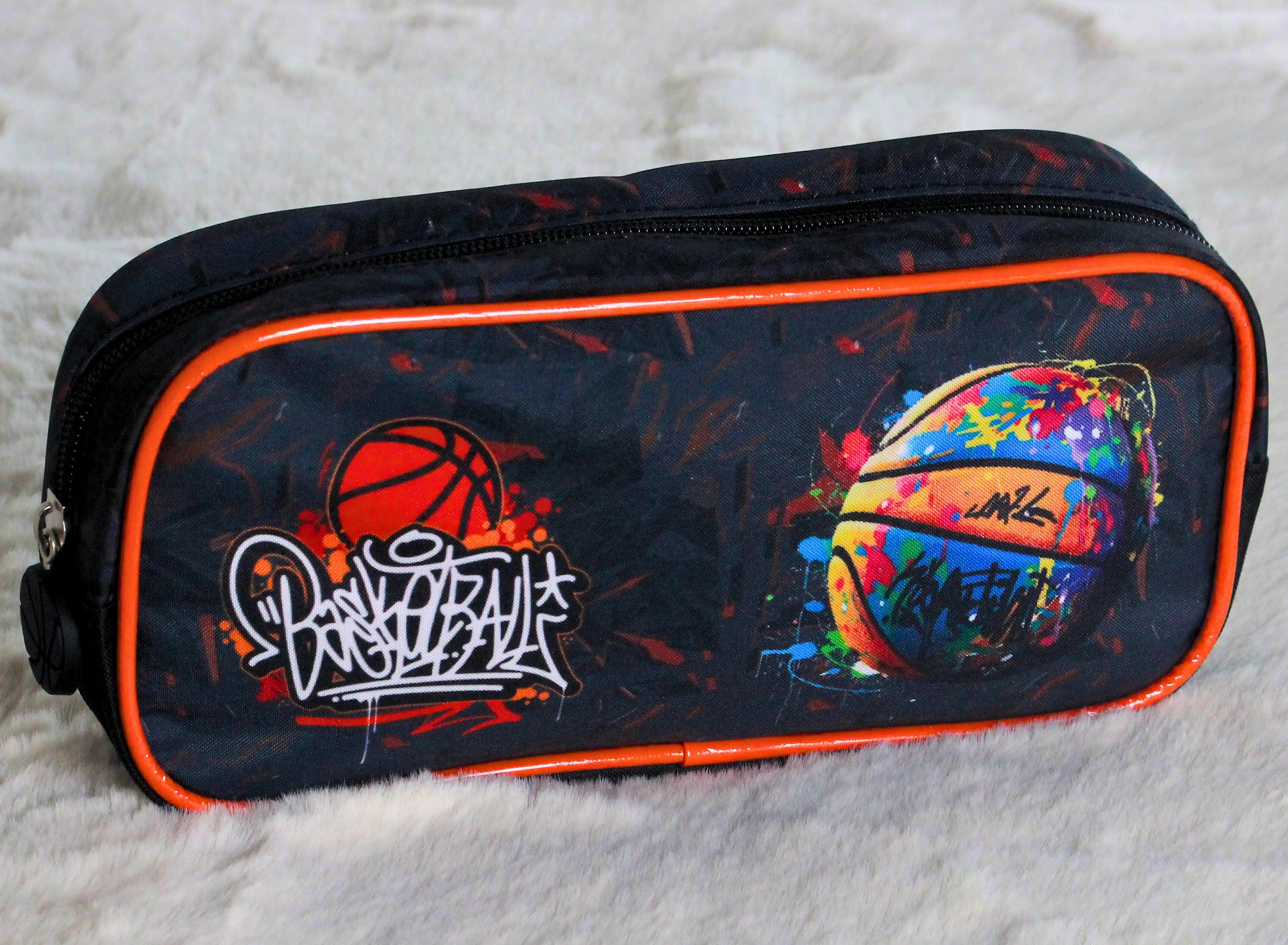 4 in 1 Basketball Graffiti 16 inch Trolley School Bag Set 4 Pcs – Black & Orange – Premium Kids Travel + School Wheel Backpack
