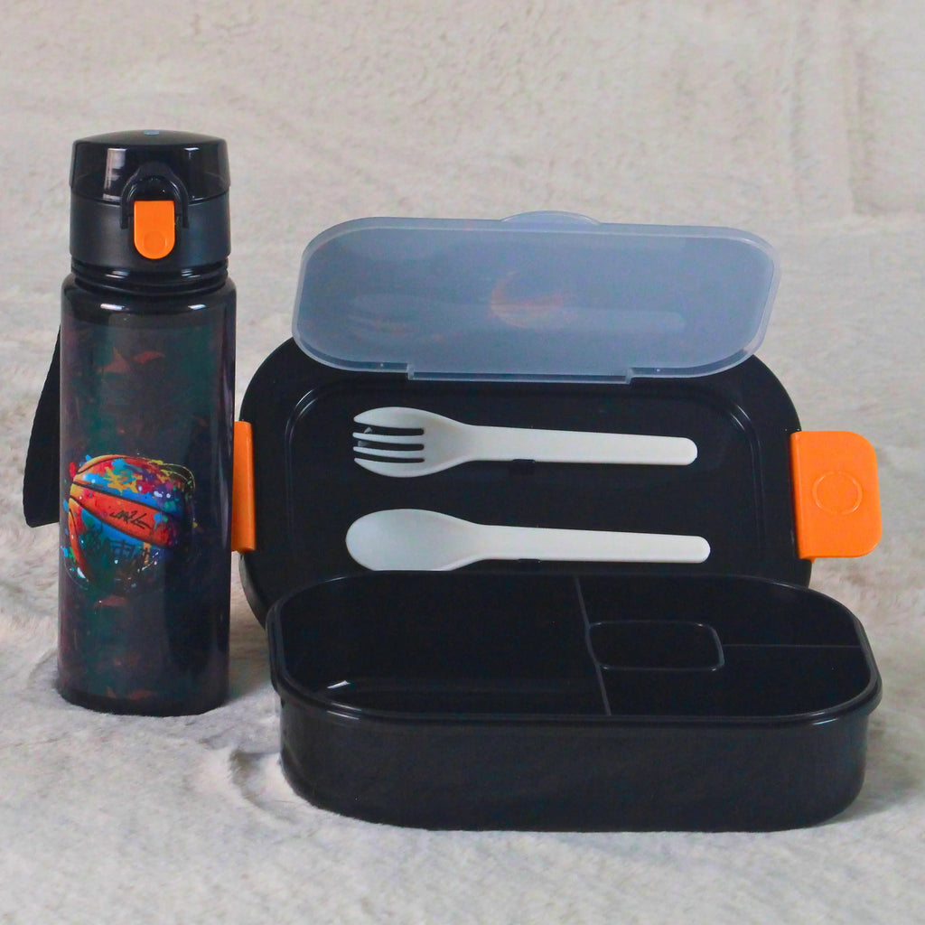 4 in 1 Basketball Graffiti 16 inch Trolley School Bag Set 4 Pcs – Black & Orange – Premium Kids Travel + School Wheel Backpack