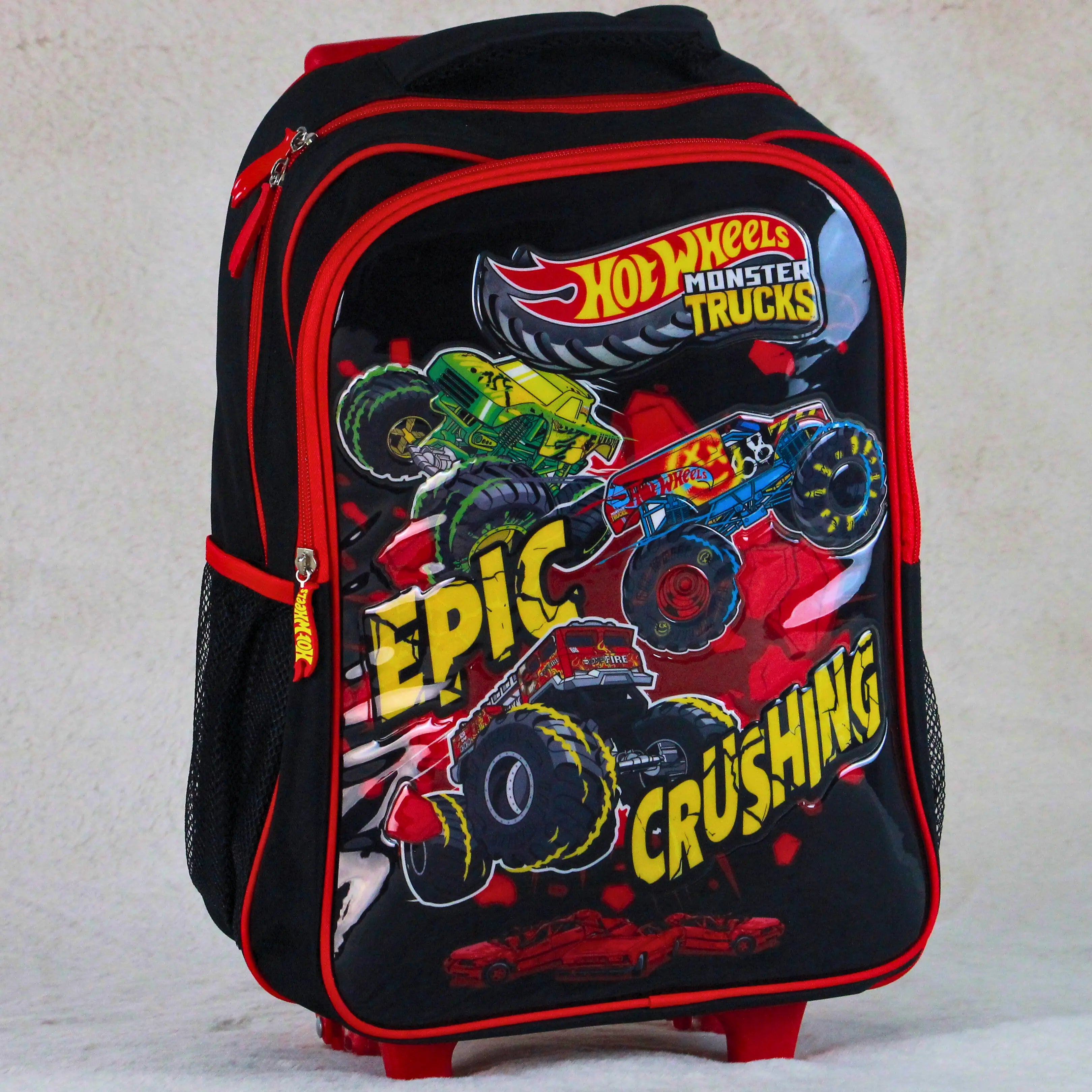 5 in 1 Hot Wheels Monster Truck School 16 inch Trolley Backpack Set – Epic Crushing Design – 18 Inch