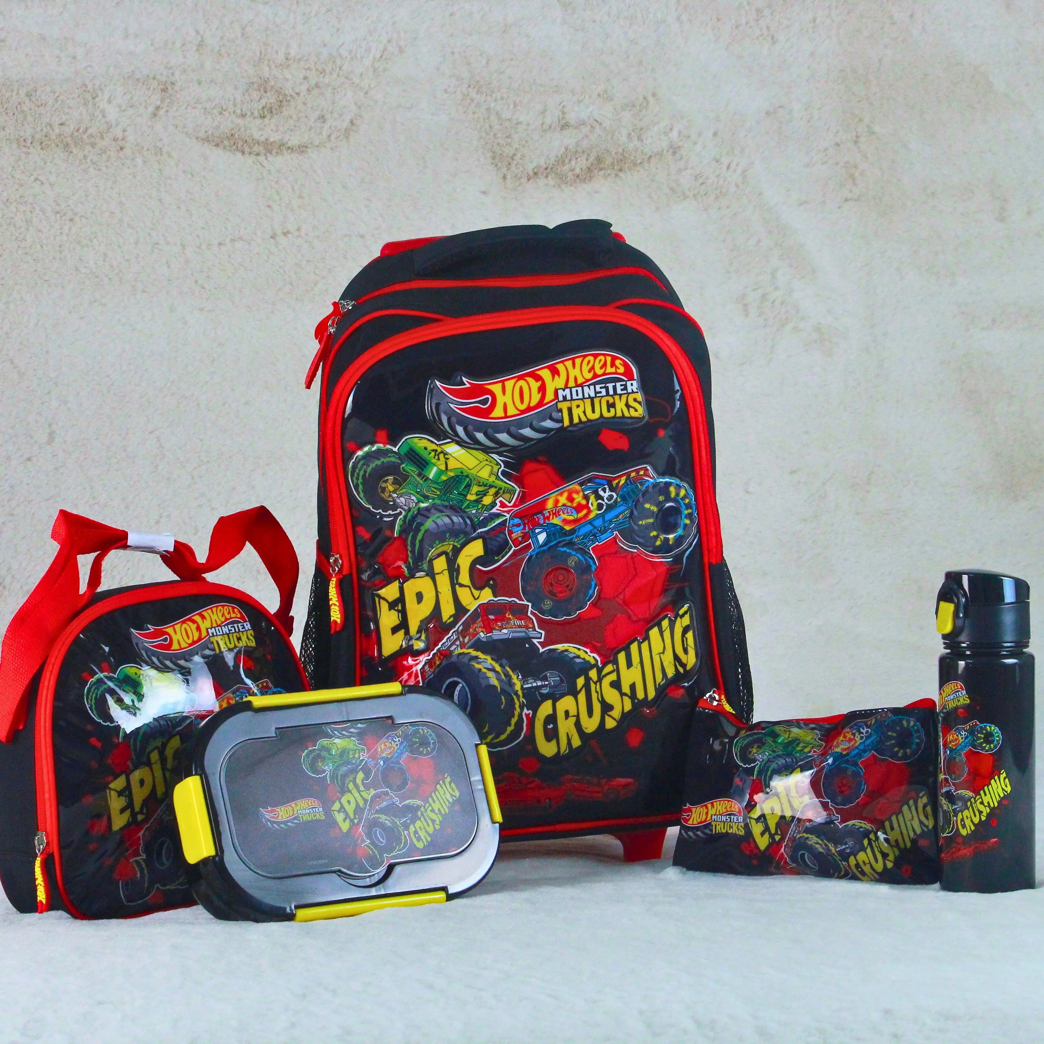 5 in 1 Hot Wheels Monster Truck School 16 inch Trolley Backpack Set – Epic Crushing Design – 18 Inch
