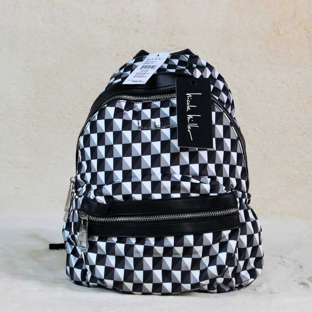 Nicole Miller Black & White Geometric Backpack – Imported Designer School, College & Travel Bag