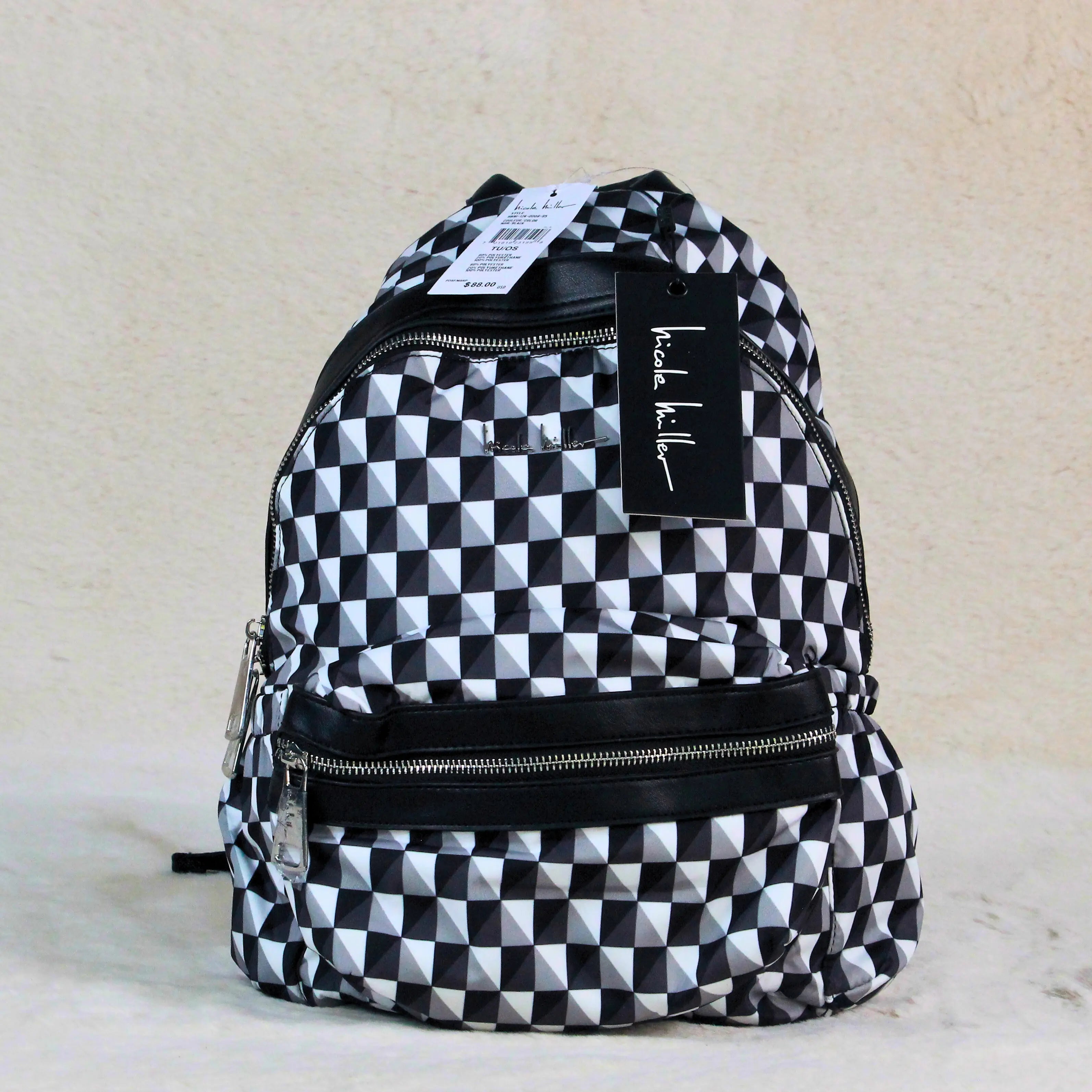 Nicole Miller Black & White Geometric Backpack – Imported Designer School, College & Travel Bag