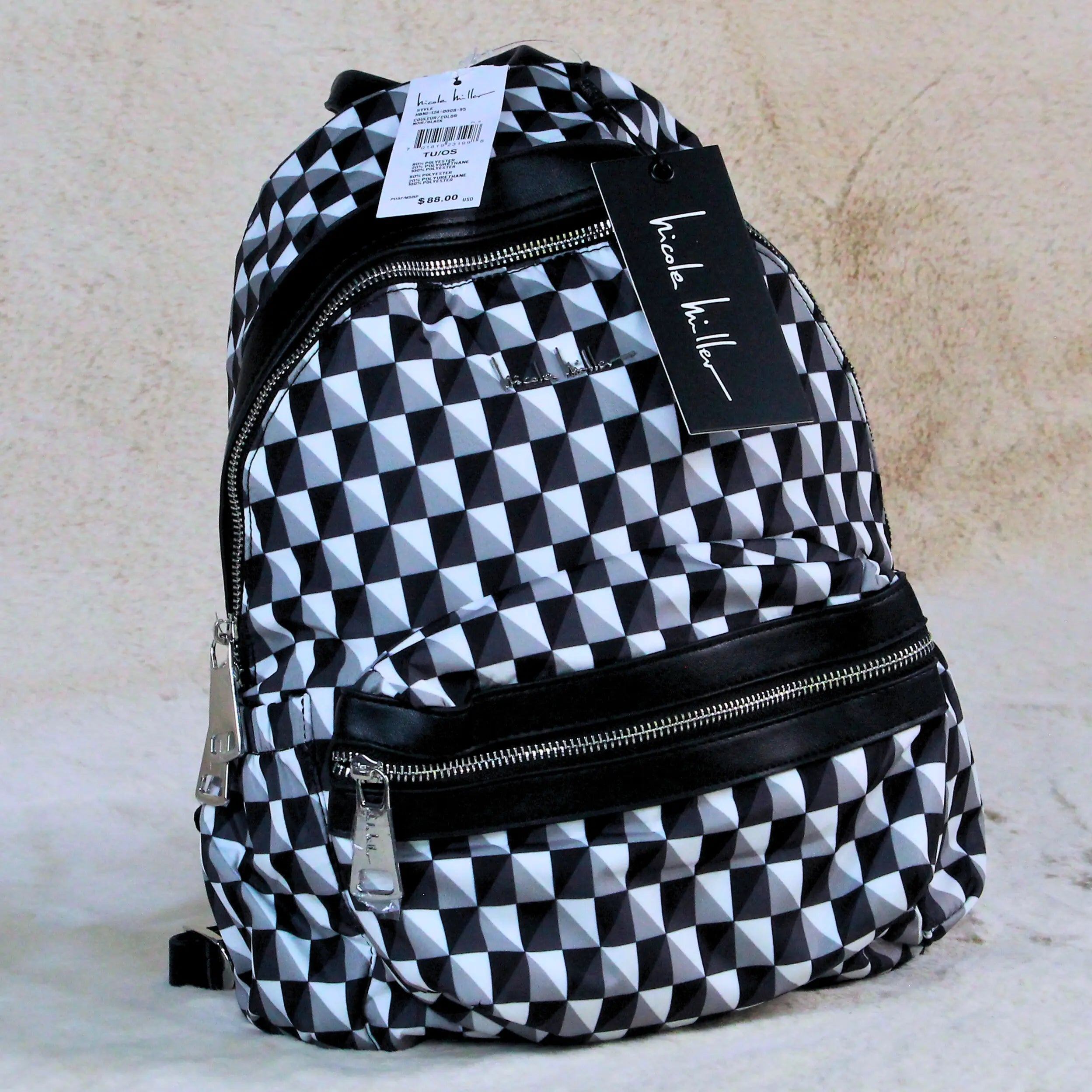 Nicole Miller Black & White Geometric Backpack – Imported Designer School, College & Travel Bag