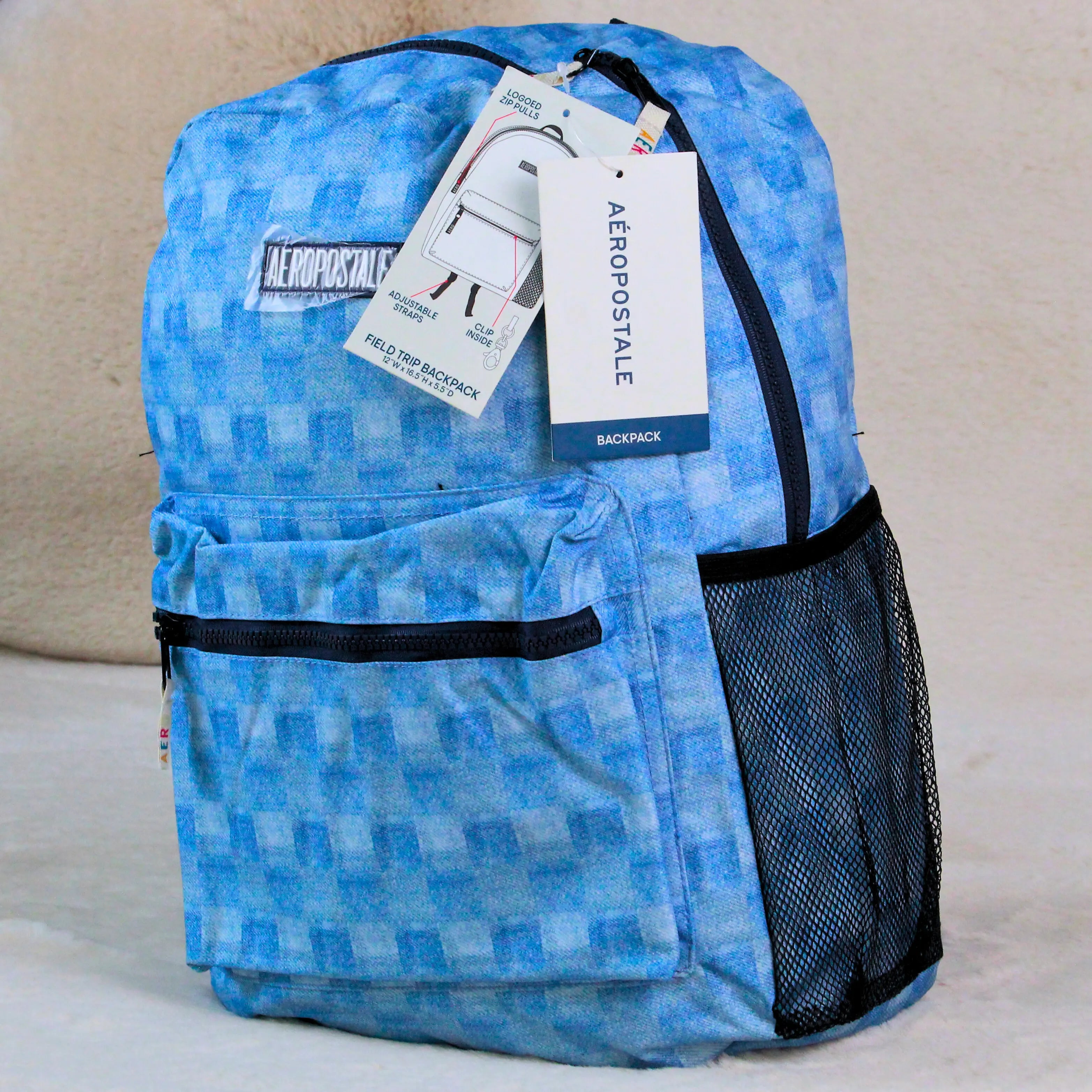 Aeropostale Blue Field-Trip Backpack | Lightweight Printed School & College Bag | Branded Imported Backpack